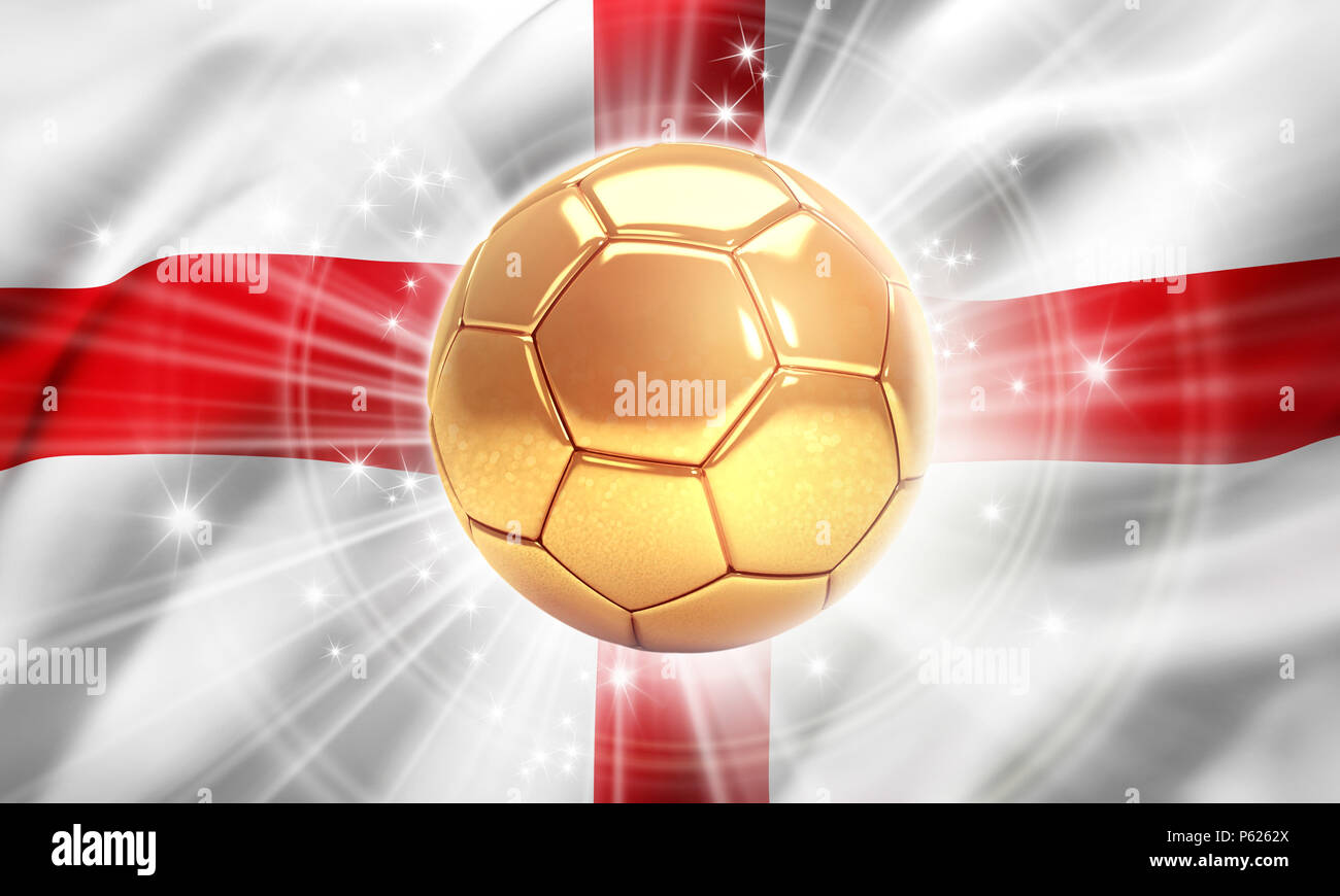 Gold soccer ball illuminated with stars on a flag of England. Champion of the world. 3D illustration Stock Photo