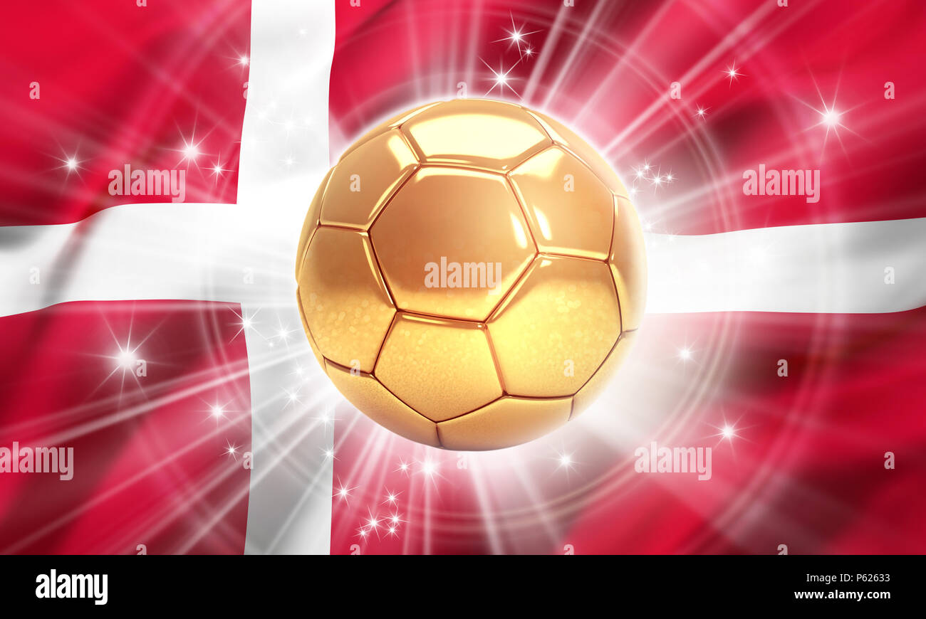 Gold soccer ball illuminated with stars on a flag of Denmark. Champion of the world. 3D illustration Stock Photo
