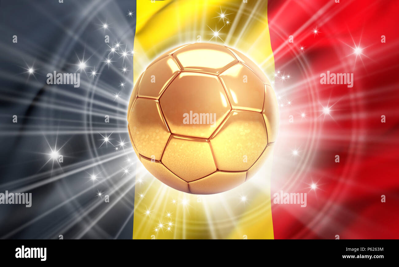 Gold soccer ball illuminated with stars on a flag of Belgium. Champion of the world. 3D illustration Stock Photo