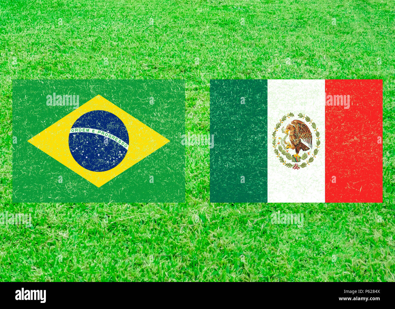 Brazil versus Mexico flags icon over grass background Stock Photo