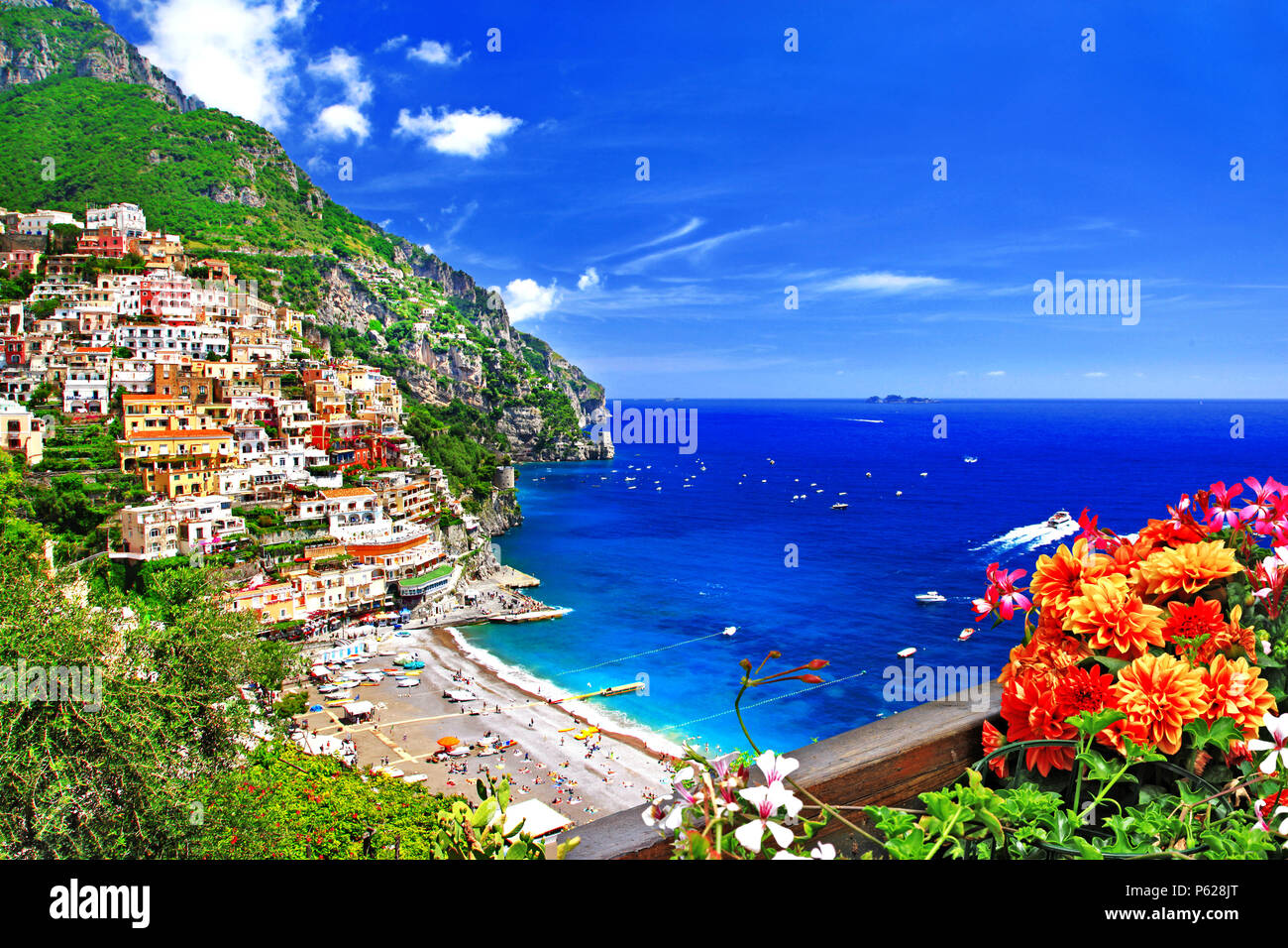 Beautiful Positano village,view with traditional houses,azure sea and mountains,Campania,Italy. Stock Photo