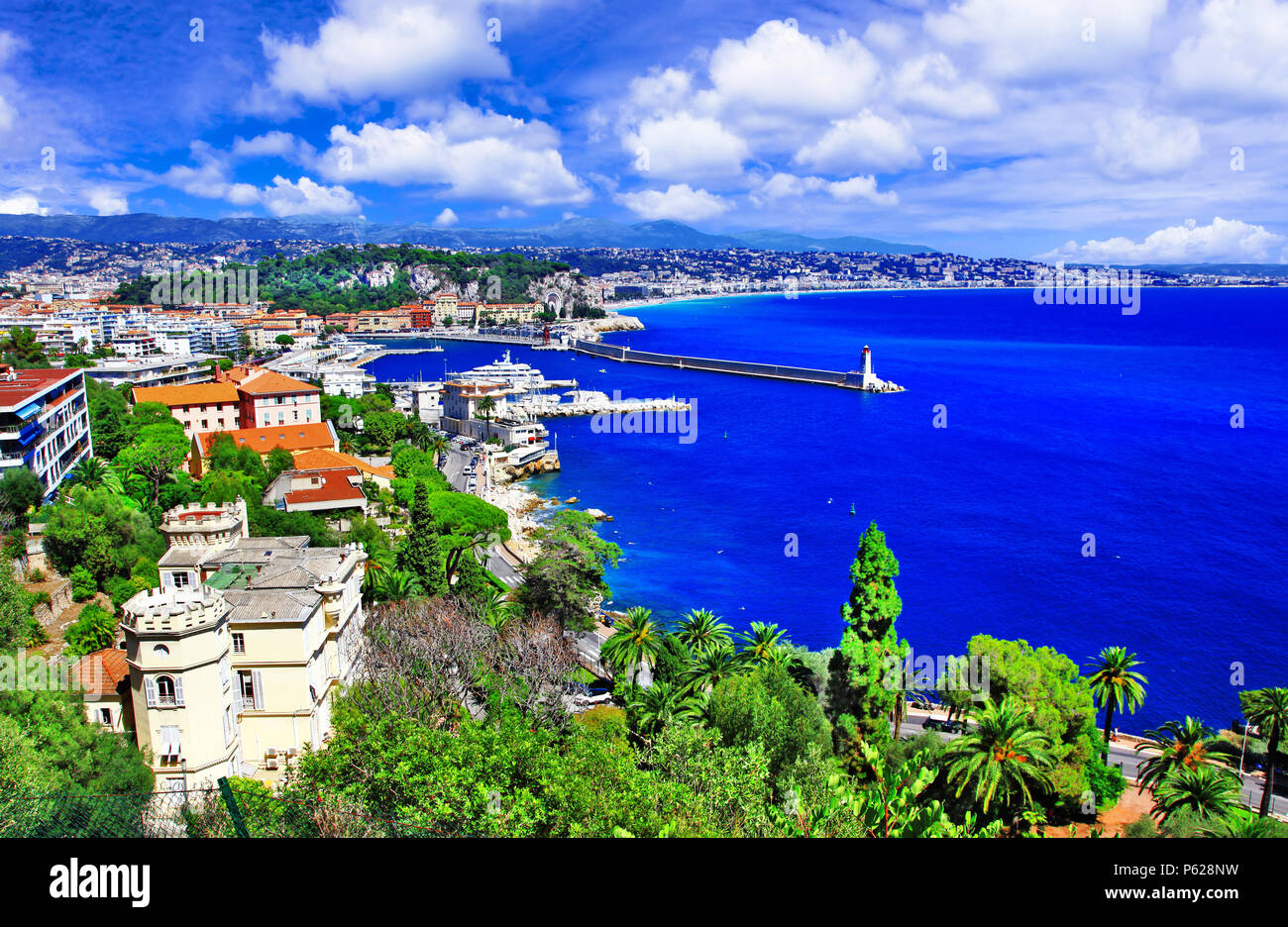 Beautiful Nice town,view with castle,huses and sea,France. Stock Photo