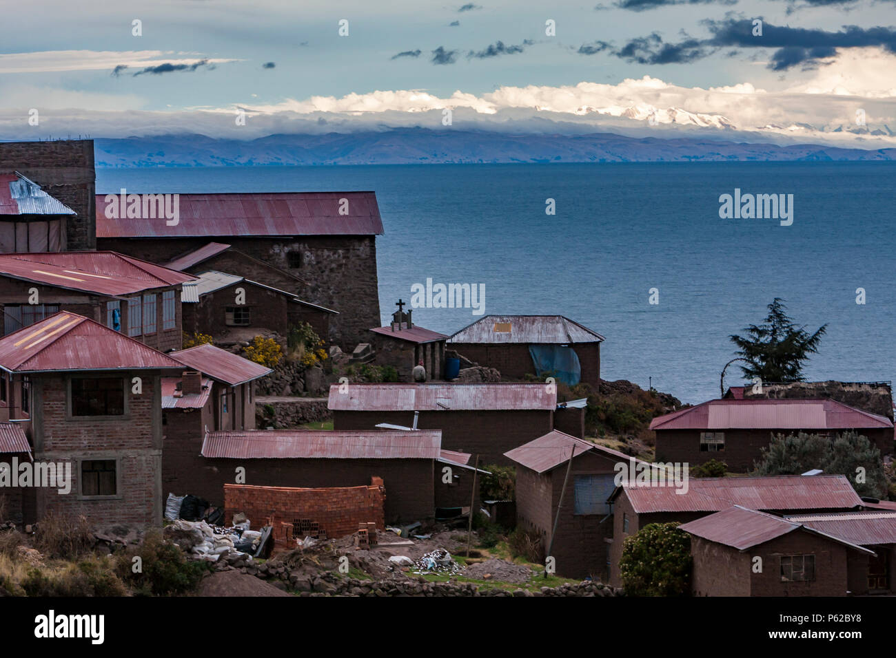 Taquile Island is an island on the Peruvian side of Lake Titicaca 45 km offshore from the city of Puno. Stock Photo