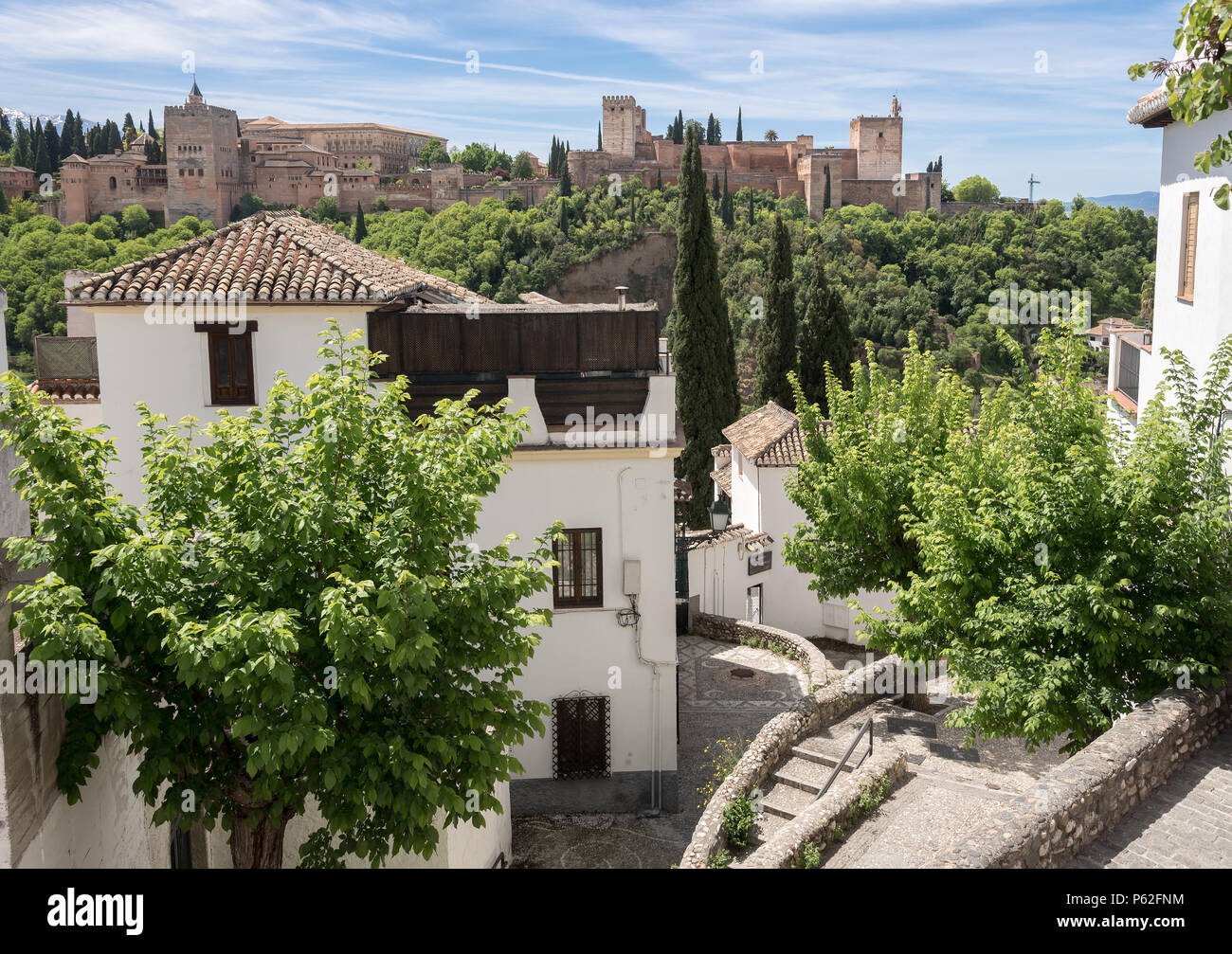 View of Alhambra fortress in Granada from Albaicín quarter. Parts of castle in view: Palacios Nazaríes, Palace of Charles V and Alcazaba. Andalusia, S Stock Photo