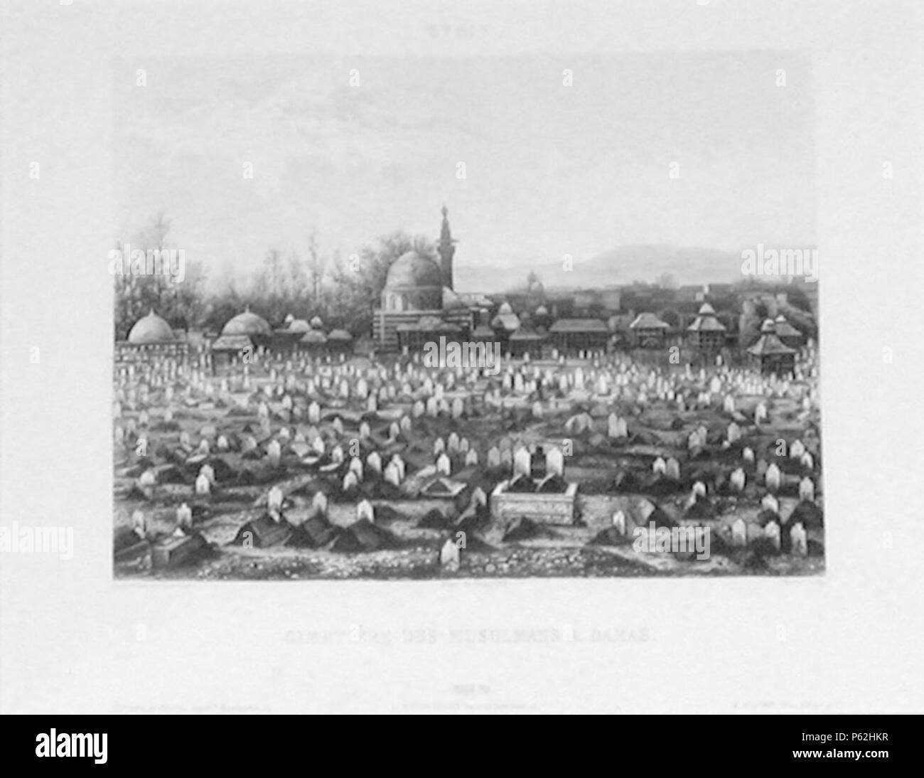 N/A. English: Engraving of one of the first photographs of the Muslim cemetery of Damascus. Taken by Gaspard-Pierre-Gustave Joly de Lotbinière in March, 1840. Engraved by Weber. Published in Excursions daguerriennes by Noël Paymal Lerebours in 1841. Français : Gravure d'une des premières photographies du cimetière musulman de Damas. Prise par by Gaspard-Pierre-Gustave Joly de Lotbinière en mars 1840. Gravée par Weber. Publiée dans Excursions daguerriennes par Noël Paymal Lerebours en 1841. Extraits du texte d'accompagnement publié dans Excursions daguerriennes, rédigé par Pierre-Gustave Joly ( Stock Photo