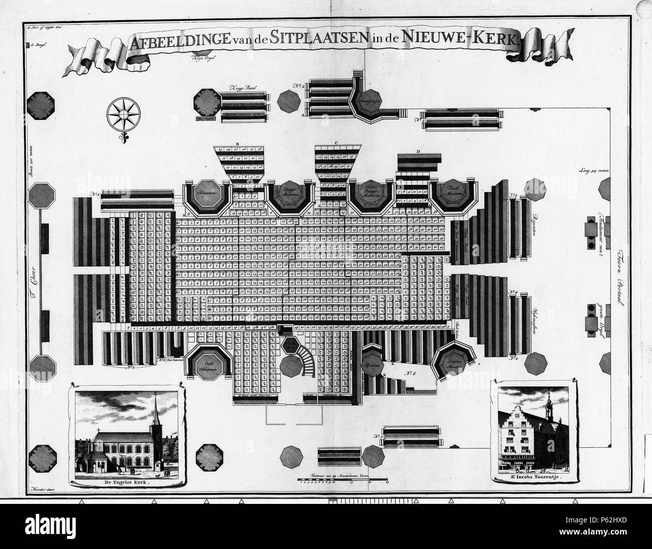 N/A. Nederlands: Beschrijving Afbeeldinge van de Sitplaatsen in de Nieuwe-Kerk Plattegrond met weergave van de pijlers van schip en zijbeuken met situering van de zitplaatsen. Linksonder afbeelding van de Engelse Kerk op het Begijnhof, rechtsonder van het Sint-Jacobs-torentje op de Nieuwendijk. Techniek: gravure. Documenttype bouwtekening Vervaardiger Stopendaal, Daniël Collectie Collectie Stadsarchief Amsterdam: tekeningen en prenten Datering 1700 ca. Geografische naam Dam Gebouw Nieuwe Kerk Inventarissen http://archief.amsterdam/archief/10097/2499 Afbeeldingsbestand 010056914956 . circa 1700 Stock Photo