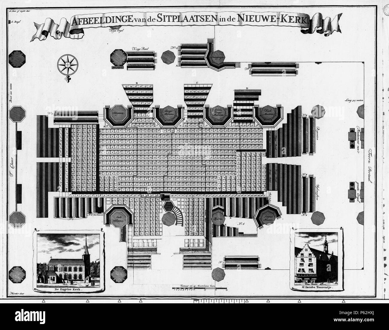 N/A. Nederlands: Beschrijving Afbeeldinge van de Sitplaatsen in de Nieuwe-Kerk Zitplaatsenplattegrond van de Nieuwe Kerk, Dam 12. Linksonder afbeelding van de Engelse Kerk op het Begijnhof, rechtsonder van het Sint-Jacobs-torentje op de Nieuwendijk. Middenonder is een strook papier bijgeplakt met intekening van een ontworpen uitbreiding van het bankenplan. Techniek: gravure en pen in zwart met penseel in grijs. Documenttype bouwtekening Vervaardiger Stopendaal, Daniël Collectie Collectie Stadsarchief Amsterdam: bouwtekeningen Datering 1700 ca. Geografische naam Dam Gebouw Nieuwe Kerk Inventari Stock Photo