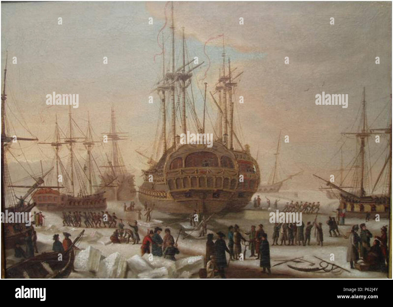 N/A. English: The Danish escadre soon bound for Algier neing freed from the ice . 1770. Peter Cramer (1726- 1782) 411 Danish naval ships (Peter Cramer painting) Stock Photo