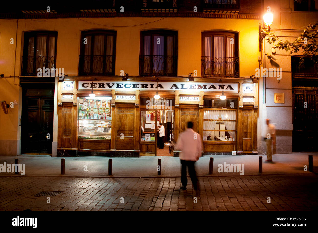 Cerveceria Alemana at night. Santa Ana square, Madrid, Spain. Stock Photo
