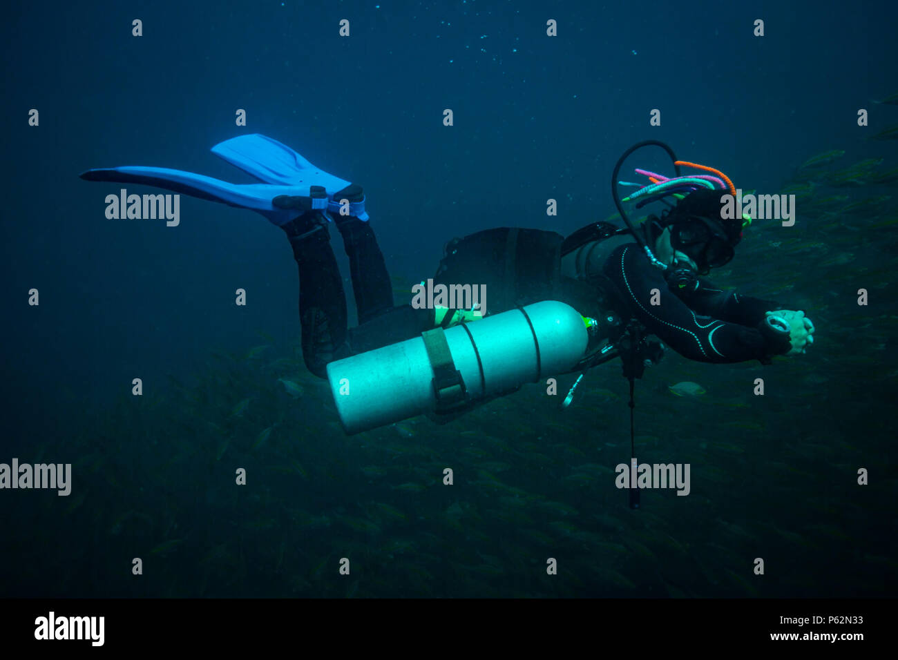 Scubadiver in a sidemount configuration of equipment Stock Photo - Alamy