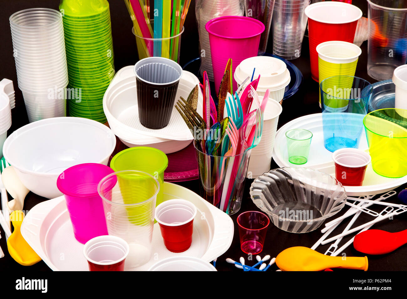 Disposable tableware, plastic utensils, plastic cups, cutlery, and other  plastic products, plastic waste, various colors, sizes and types Stock  Photo - Alamy