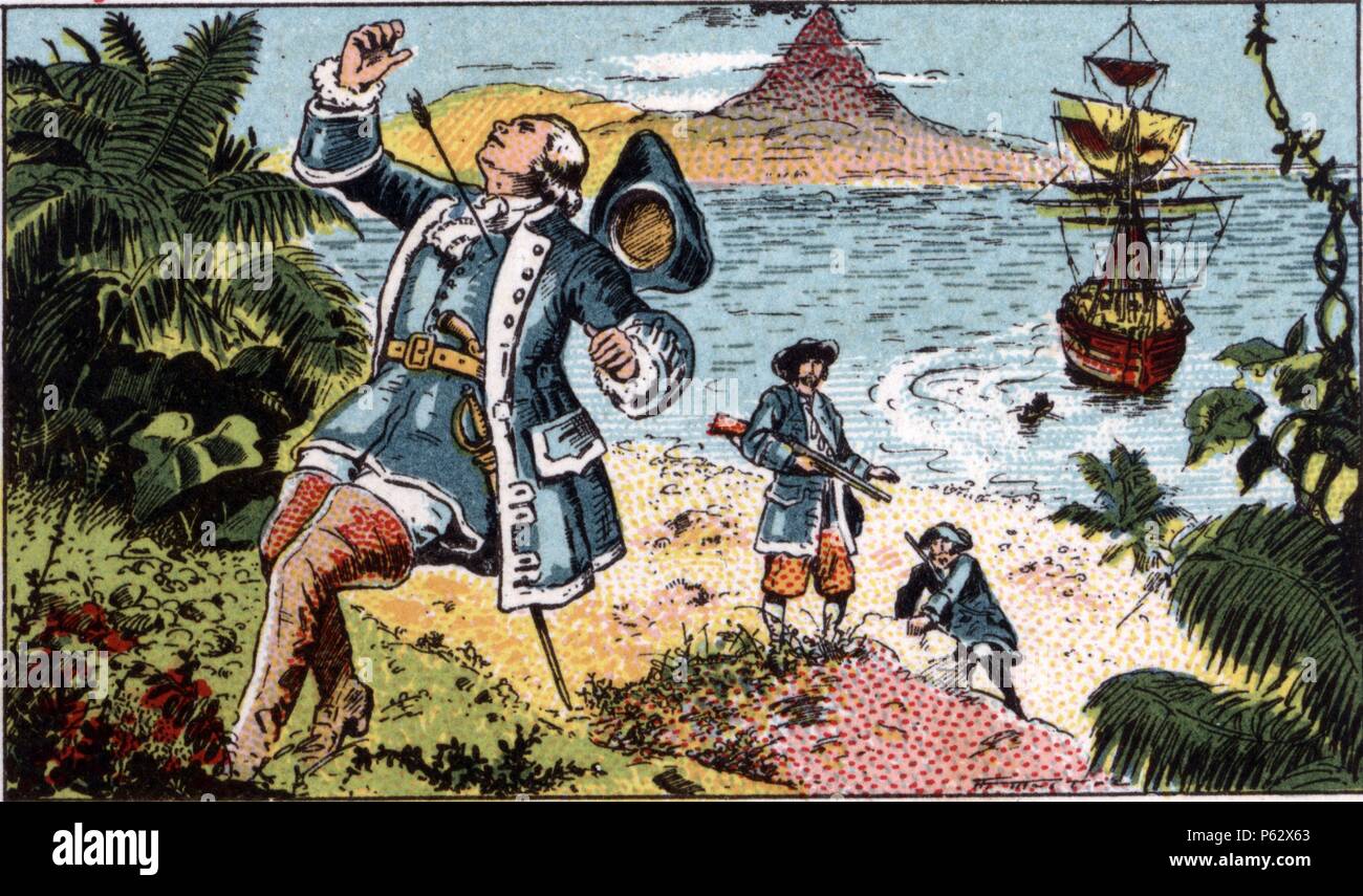 Historia. Siglo XVIII. Islas Havai; el descubridor James Cook es muerto por los indígenas. Años 1940. Dibujo de Mestre. Stock Photo