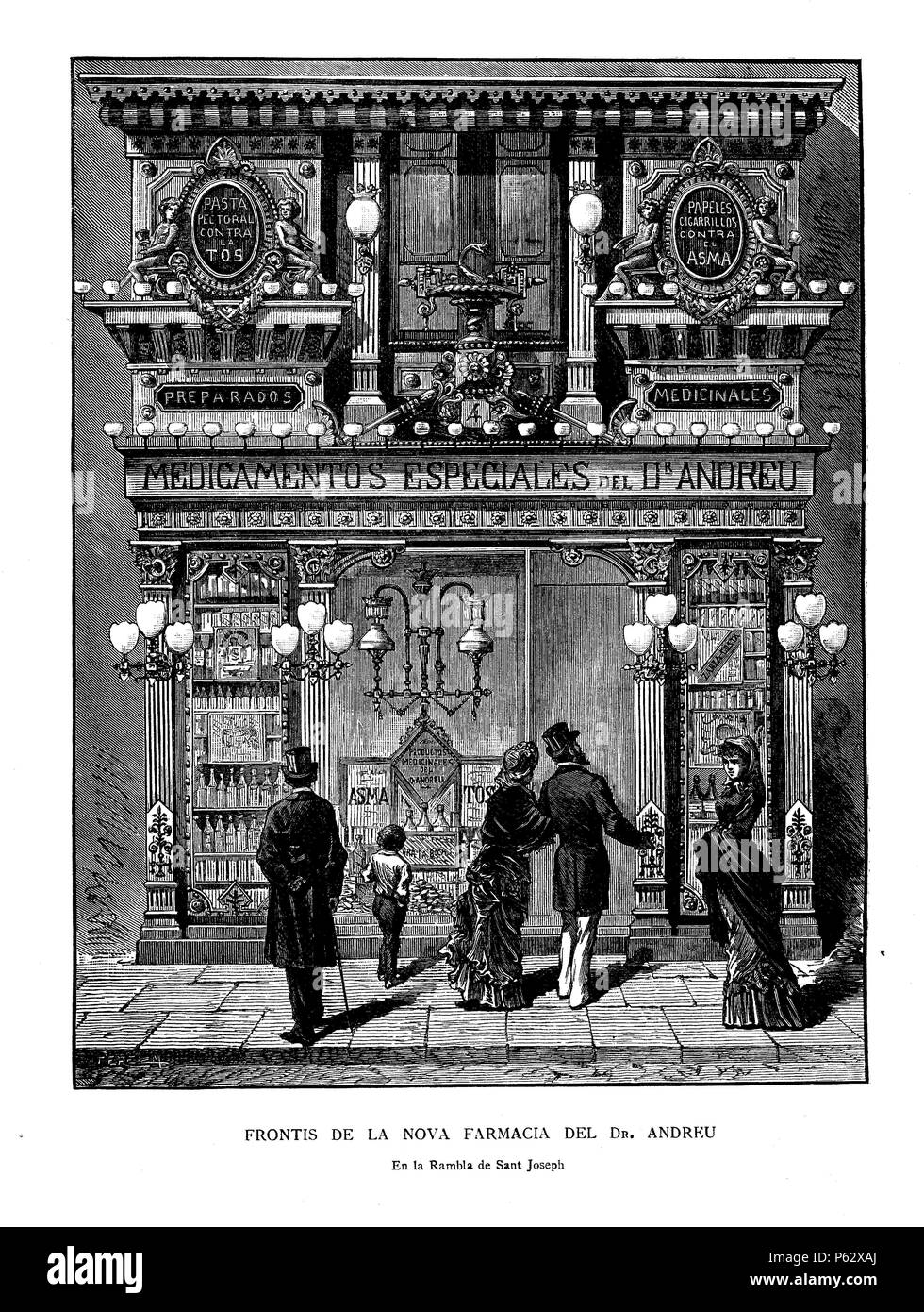 Frontis de la nueva farmacia del Dr. Andreu, en la Rambla de San José, de  Barcelona. Grabado de 1882 Stock Photo - Alamy