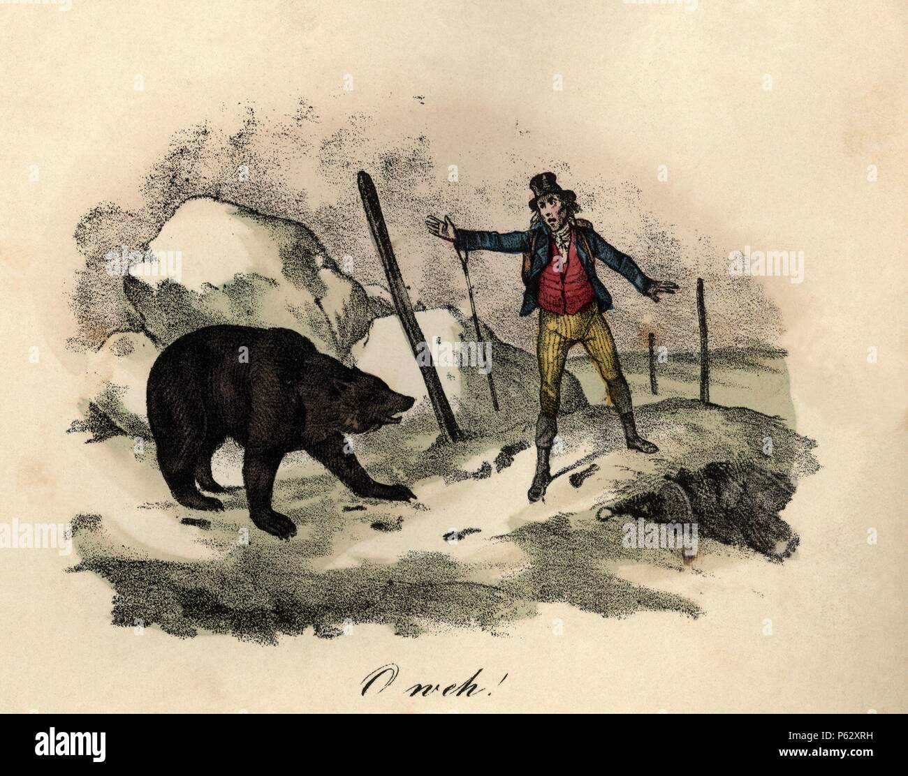 Encuentro entre un caminante y un oso salvaje. Grabado alemán de 1880. Stock Photo