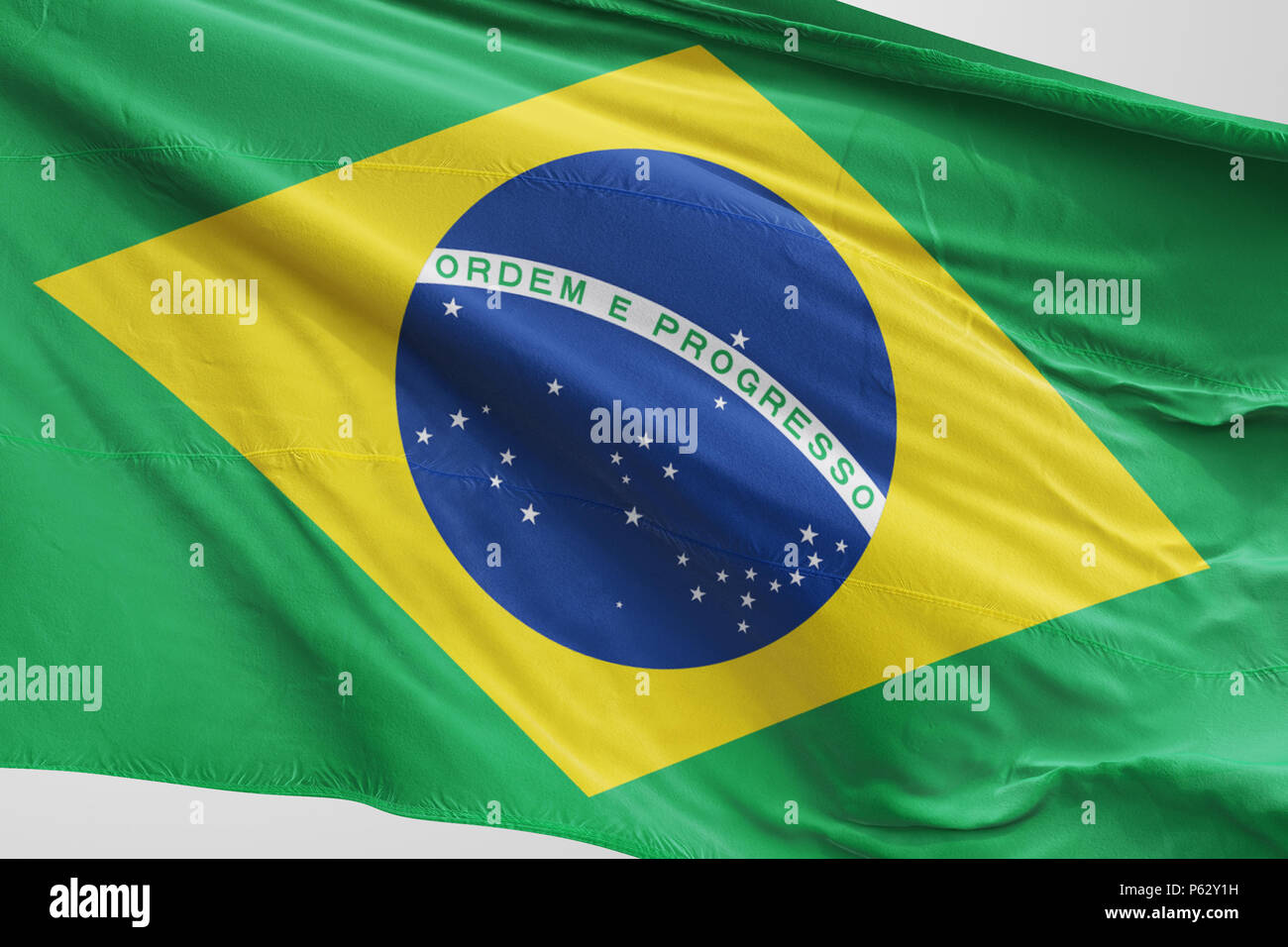 Isolated Brazil Flag waving, 3D Realistic Brazilian Flag Rendered Stock