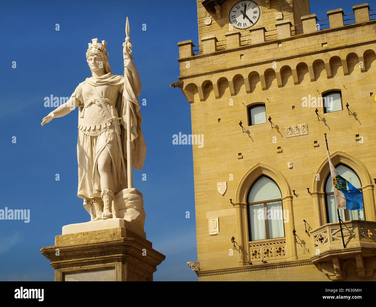 Palazzo Publico - The Public Palace - and The Statue of Liberty in San Marino Stock Photo