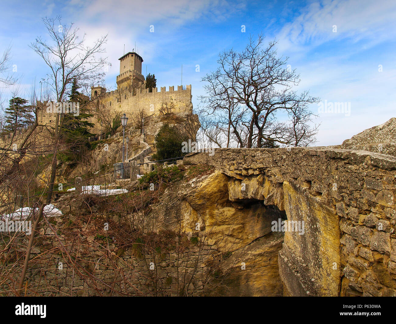 The Fortress Guaita viewed from The Pass of the Witches in San Marino Stock Photo