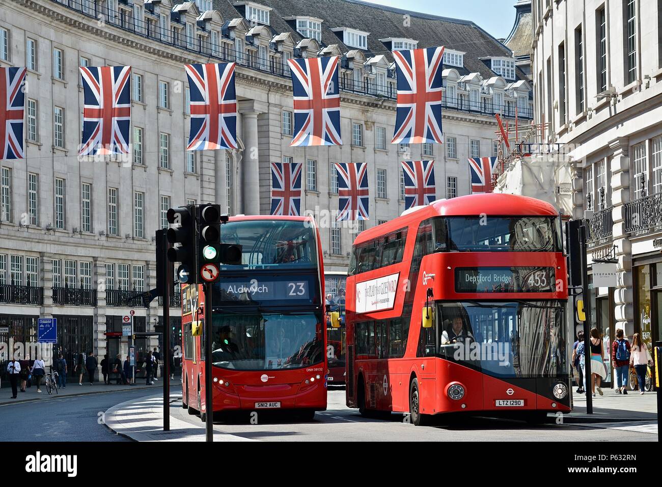 United Kingdom union flags above the Piccadilly area of London, City of Westminster, UK during the wedding of Prince Harry and Meghan Markle. Stock Photo