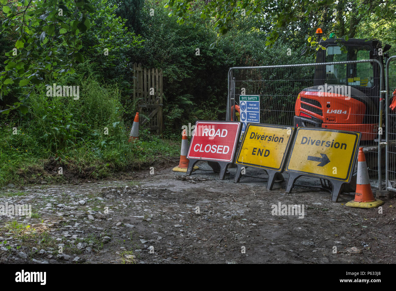 Road Closed and traffic diversion signs near a woodland shaded area. Concept roadworks, road works, road maintenance, temporary road closure. Stock Photo