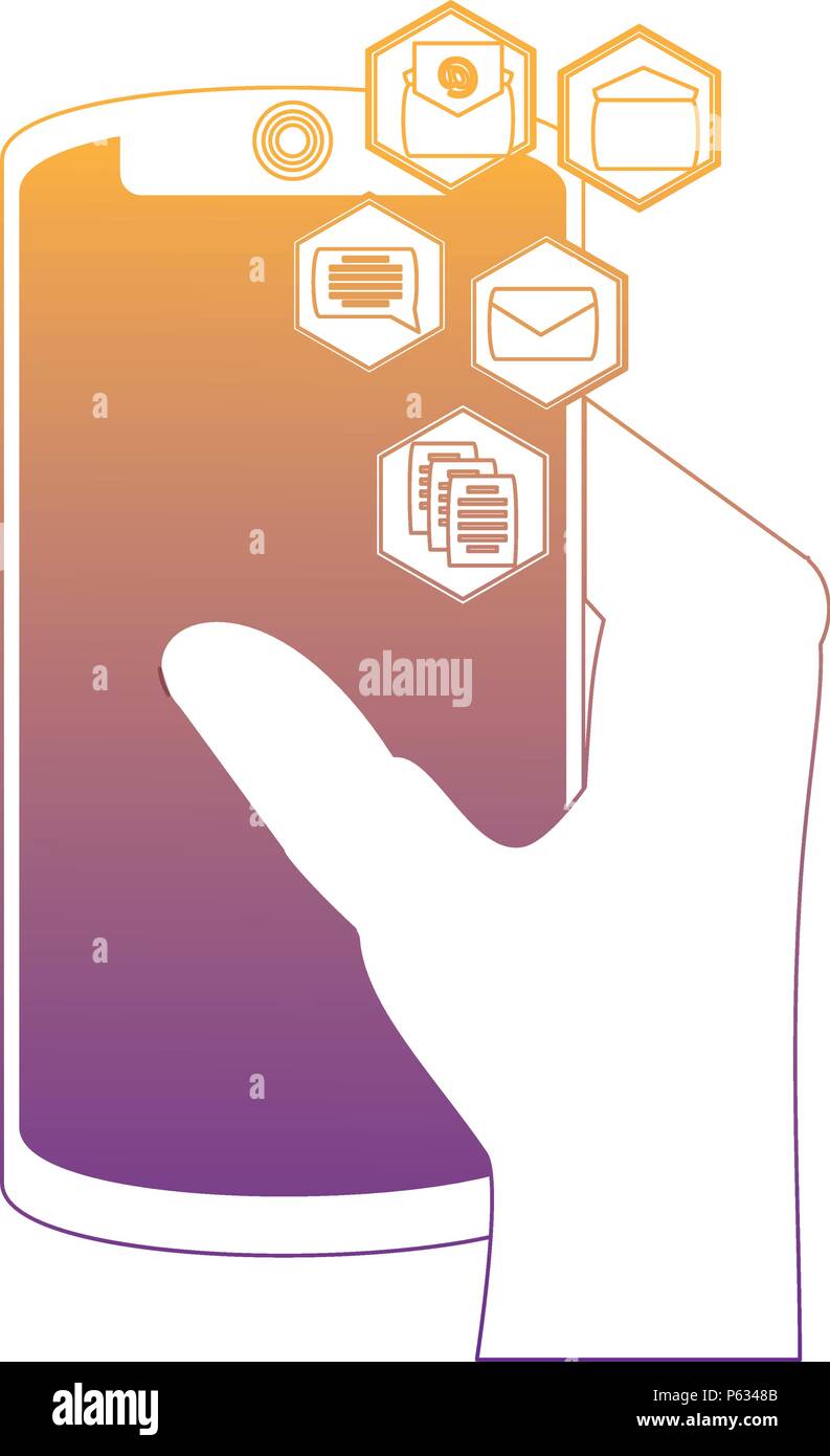 hand holding a smartphone device and related icons around over white ...