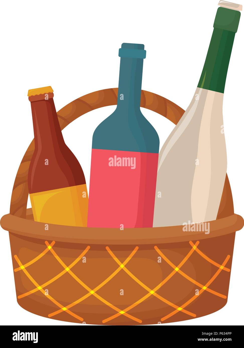 picnic basket with wine and beer bottles over white background, vector ...