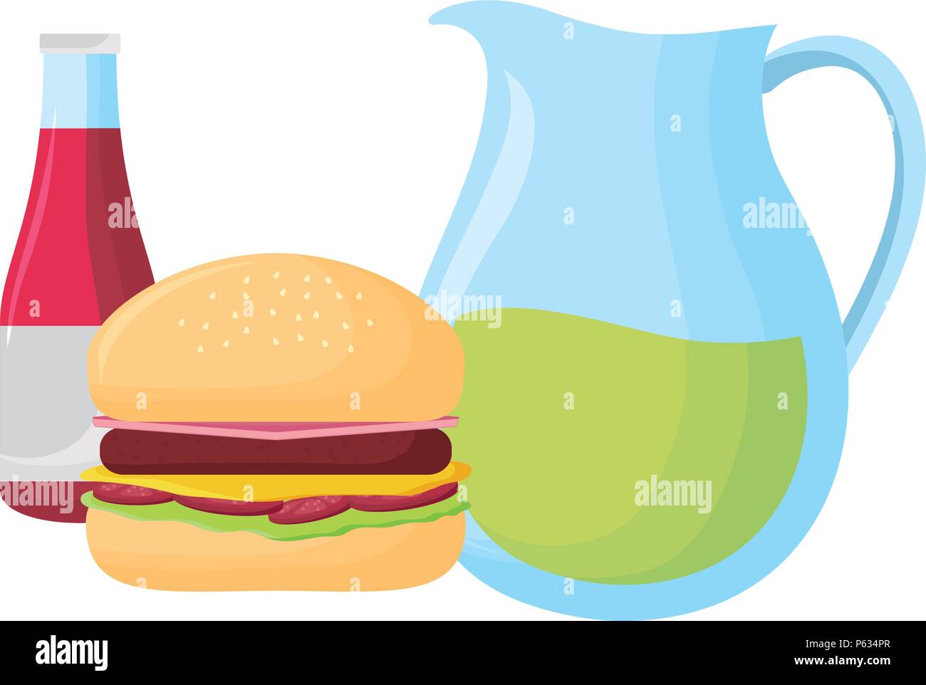 lemonade pitcher with hamburger and sauce bottle icon over white ...