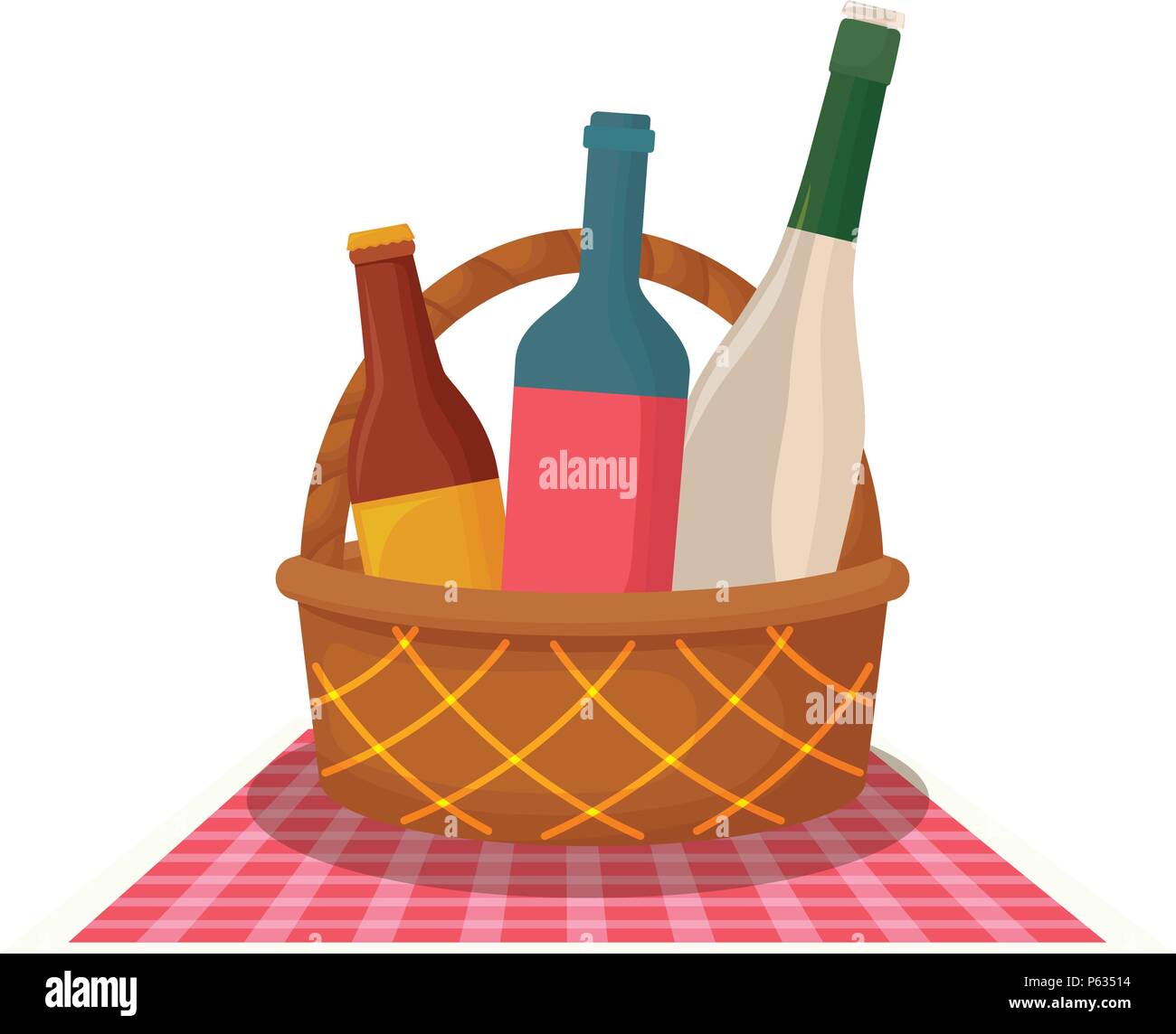 picnic basket with wine and beer bottles over white background, vector ...