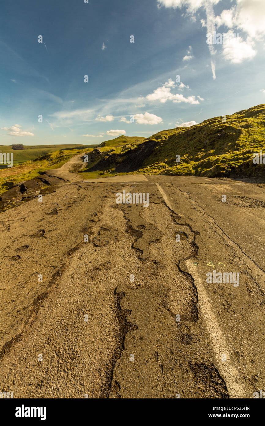 Road closed and destroyed by landslip, A625. Mam Tor, Peak District ...