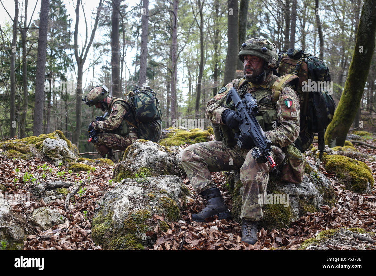 Italian soldiers of 5th Regiment, 187th Parachute Regiment “Folgore” take a tactical pause during a movement to contact scenario during exercise Saber Junction 16 at the U.S. Army’s Joint Multinational Readiness Center (JMRC) in Hohenfels, Germany, April 13, 2016. Saber Junction 16 is the U.S. Army Europe’s 173rd Airborne Brigade’s combat training center certification exercise, taking place at the JMRC in Hohenfels, Germany, Mar. 31-Apr. 24, 2016.  The exercise is designed to evaluate the readiness of the Army’s Europe-based combat brigades to conduct unified land operations and promote intero Stock Photo