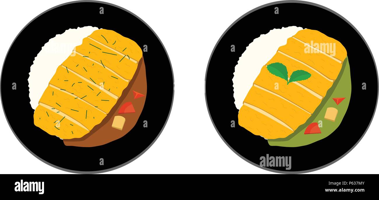 Top view, Tonkatsu or Curry rice with Fried Pork, vector art Stock Vector