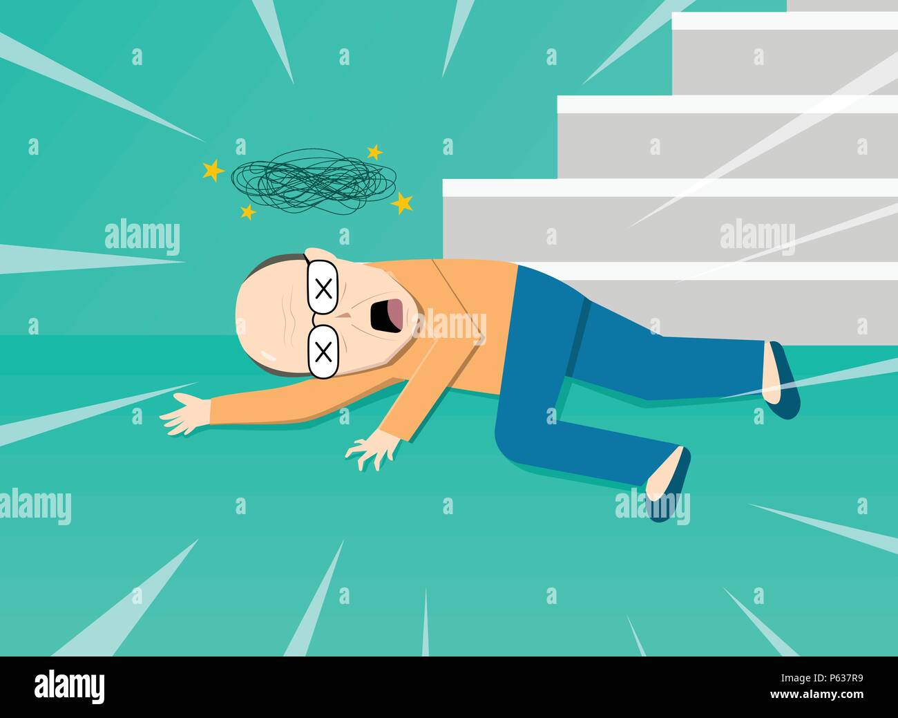 Fainted old man after falling from staircase, vector art Stock Vector