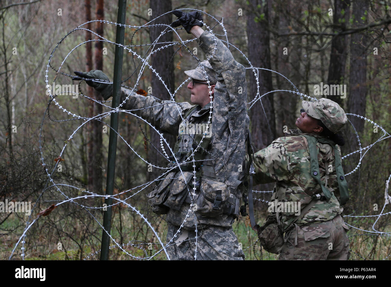 U.S. Soldiers of Fox Company, 4th Battalion, 319th Airborne Field Artillery Regiment, 173rd Airborne Brigade place concertina wire while constructing defensive obstacles during exercise Saber Junction 16 at the U.S. Army’s Joint Multinational Readiness Center (JMRC) in Hohenfels, Germany, April 17, 2016. Saber Junction 16 is the U.S. Army Europe’s 173rd Airborne Brigade’s combat training center certification exercise, taking place at the JMRC in Hohenfels, Germany, Mar. 31-Apr. 24, 2016.  The exercise is designed to evaluate the readiness of the Army’s Europe-based combat brigades to conduct u Stock Photo
