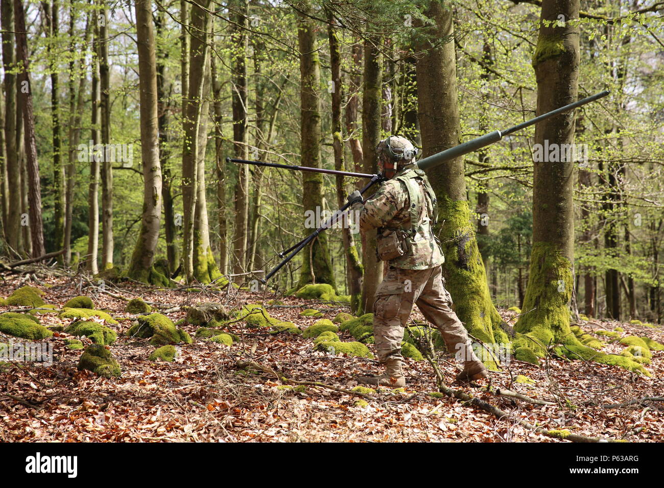 A U.S. Soldier of 1st Squadron, 91st Cavalry Regiment, 173rd Airborne Brigade relocates an antenna while conducting tactical operations during exercise Saber Junction 16 at the U.S. Army’s Joint Multinational Readiness Center (JMRC) in Hohenfels, Germany, April 16, 2016. Saber Junction 16 is the U.S. Army Europe’s 173rd Airborne Brigade’s combat training center certification exercise, taking place at the JMRC in Hohenfels, Germany, Mar. 31-Apr. 24, 2016.  The exercise is designed to evaluate the readiness of the Army’s Europe-based combat brigades to conduct unified land operations and promote Stock Photo