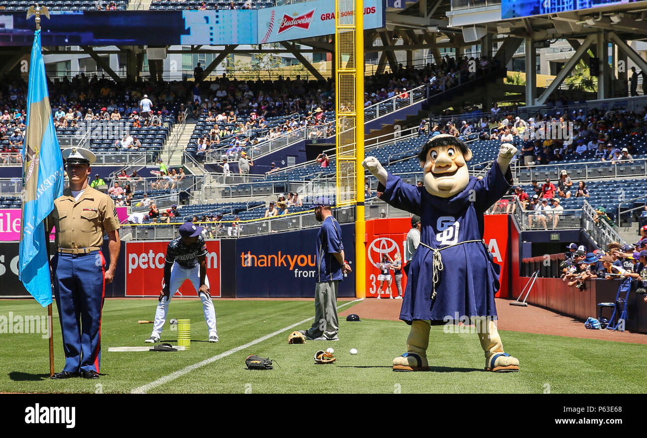 The Swinging Friar, San Diego Padres mascot, entertains the crowd during the San Diego Padres Military Opening Day game opening ceremony at Petco Park, April 17. After the ceremony concluded, service members stayed to enjoy the game. The Padres went up against the Arizona Diamondbacks and lost 3-7. Stock Photo