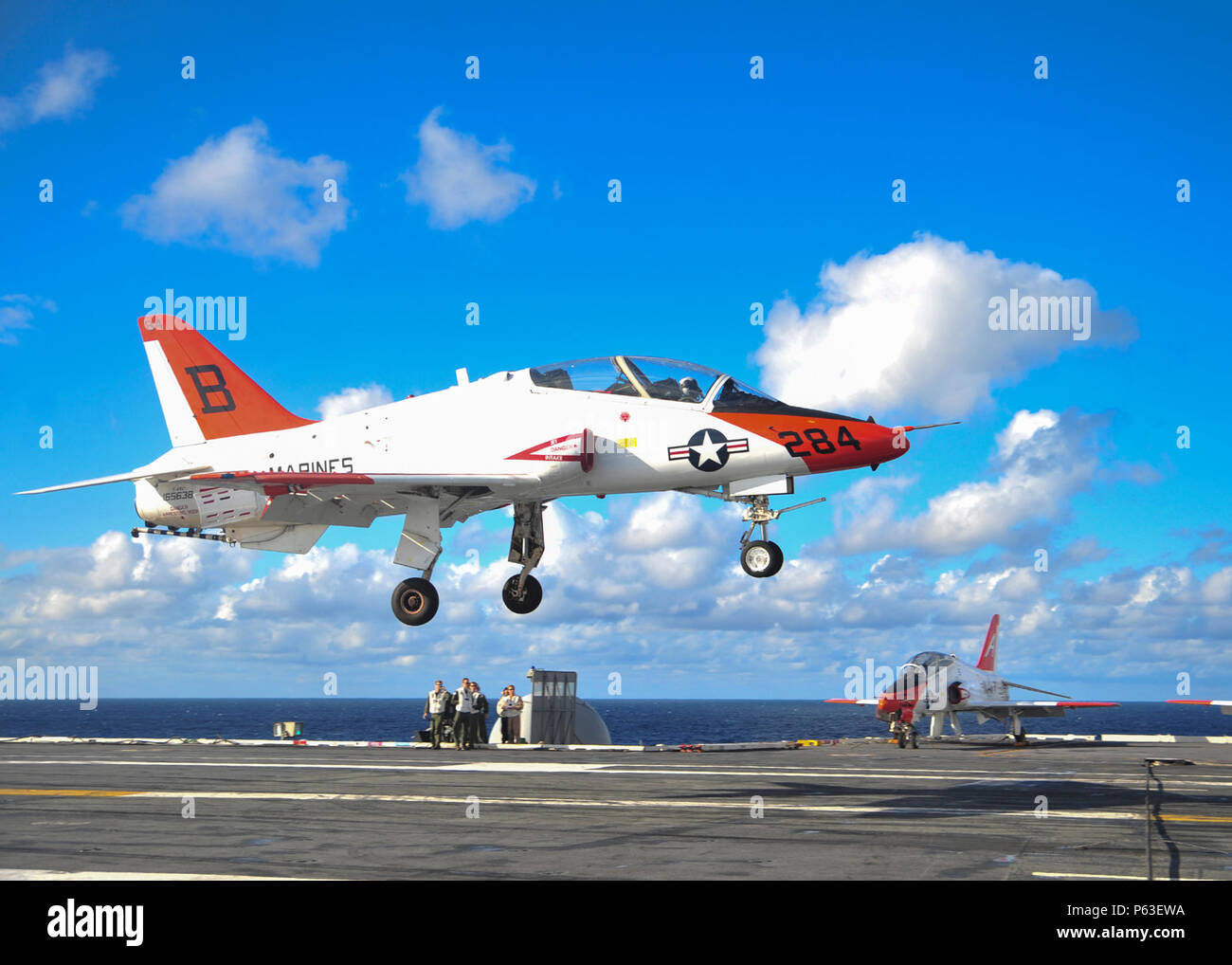 160423-YB023-N-104 ATLANTIC OCEAN (April 23, 2016) A T-45C Goshawk from Training Air Wing  2, prepares to perform a touch-and-go landing on the flight deck of the aircraft carrier USS George Washington (CVN 73). Washington, homeported in Norfolk, is underway conducting carrier qualifications in the Atlantic Ocean. (U.S. Navy photo by Mass Communication Specialist Seaman Clemente A. Lynch/Released) Stock Photo