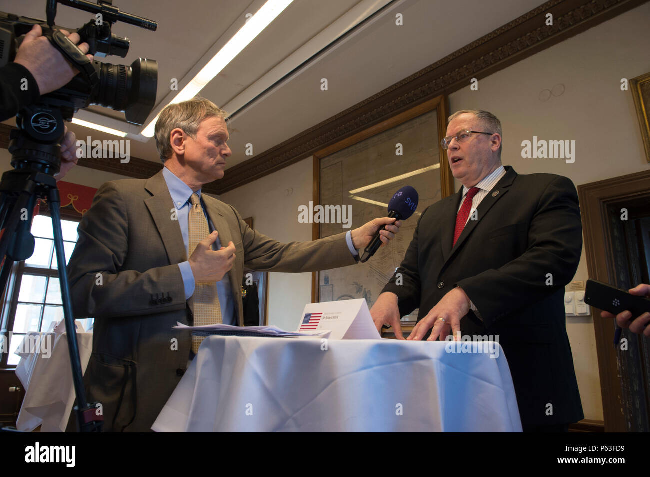 STOCKHOLM, Sweden (April 26, 2016) Deputy Secretary of Defense Bob Work speaks for an interview with Sveriges Television in Stockholm, April 26. Work is in Sweden to strengthen and reassure alliances in the Baltic and Nordic regions. (DoD photo by Navy Petty Officer 1st Class Tim D. Godbee)(Released) Stock Photo