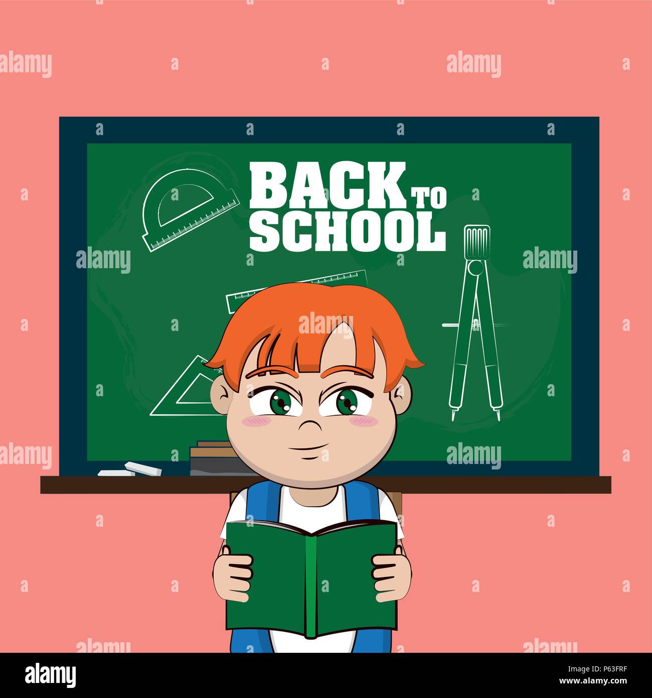 Cute school boy in front of blackboard vector illustration graphic ...