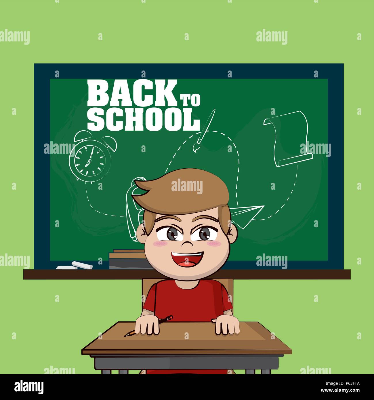 Cute school boy in front of blackboard vector illustration graphic ...