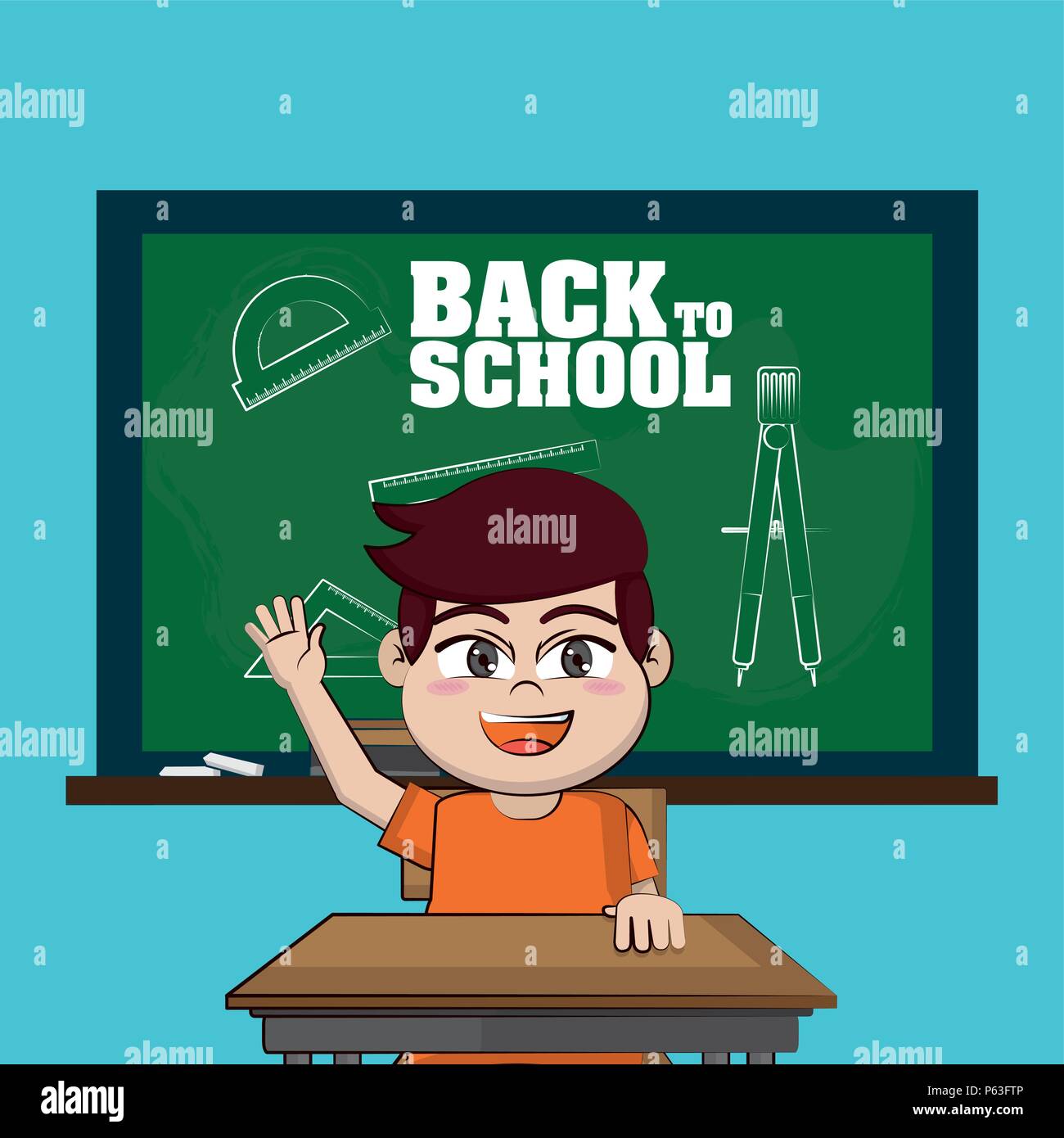 Cute school boy in front of blackboard vector illustration graphic ...