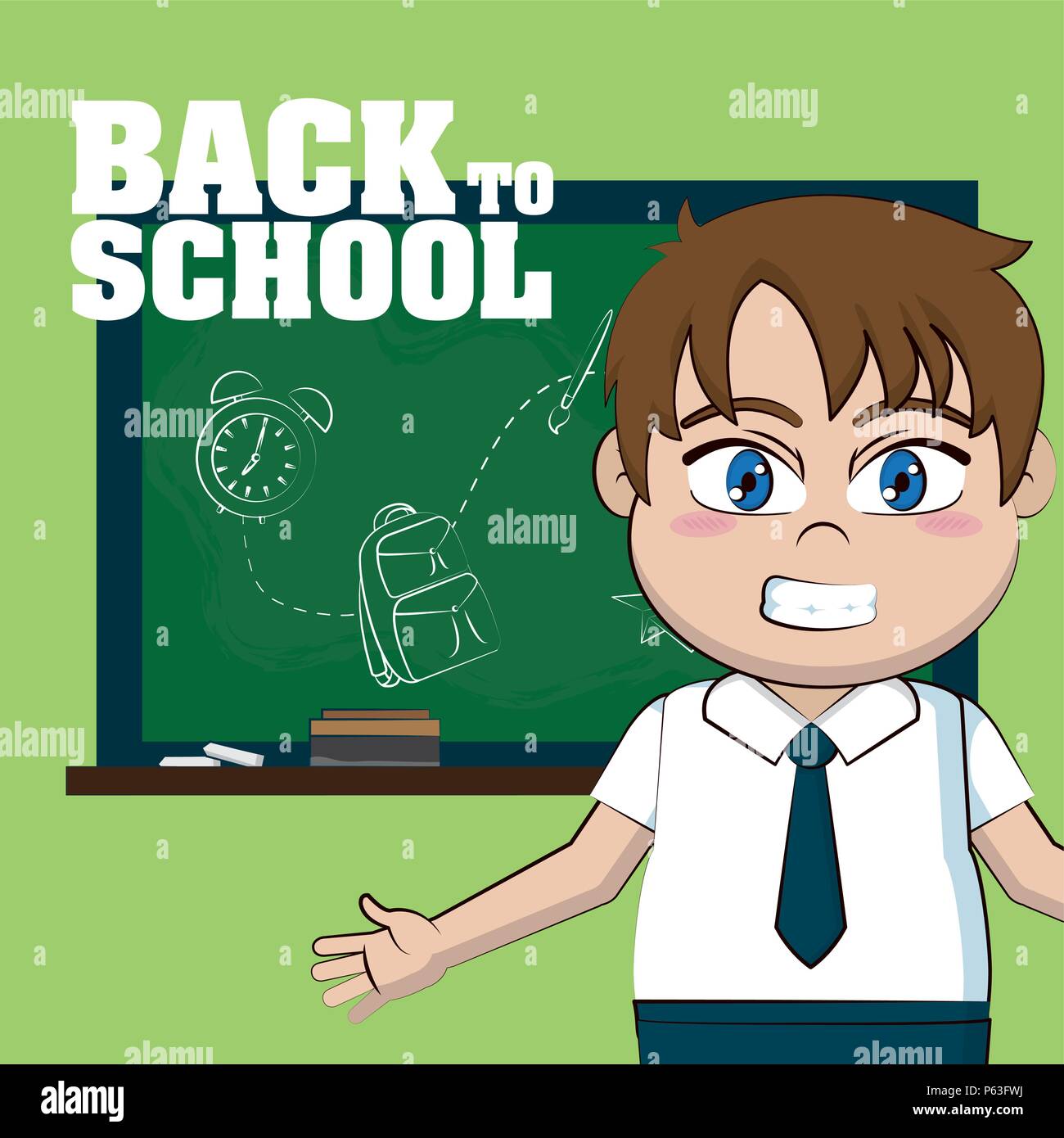 Cute school boy in front of blackboard vector illustration graphic ...