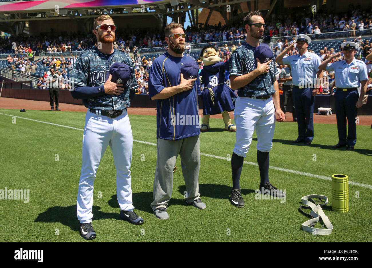 Members of the San Diego Padres wear City Connect uniforms before