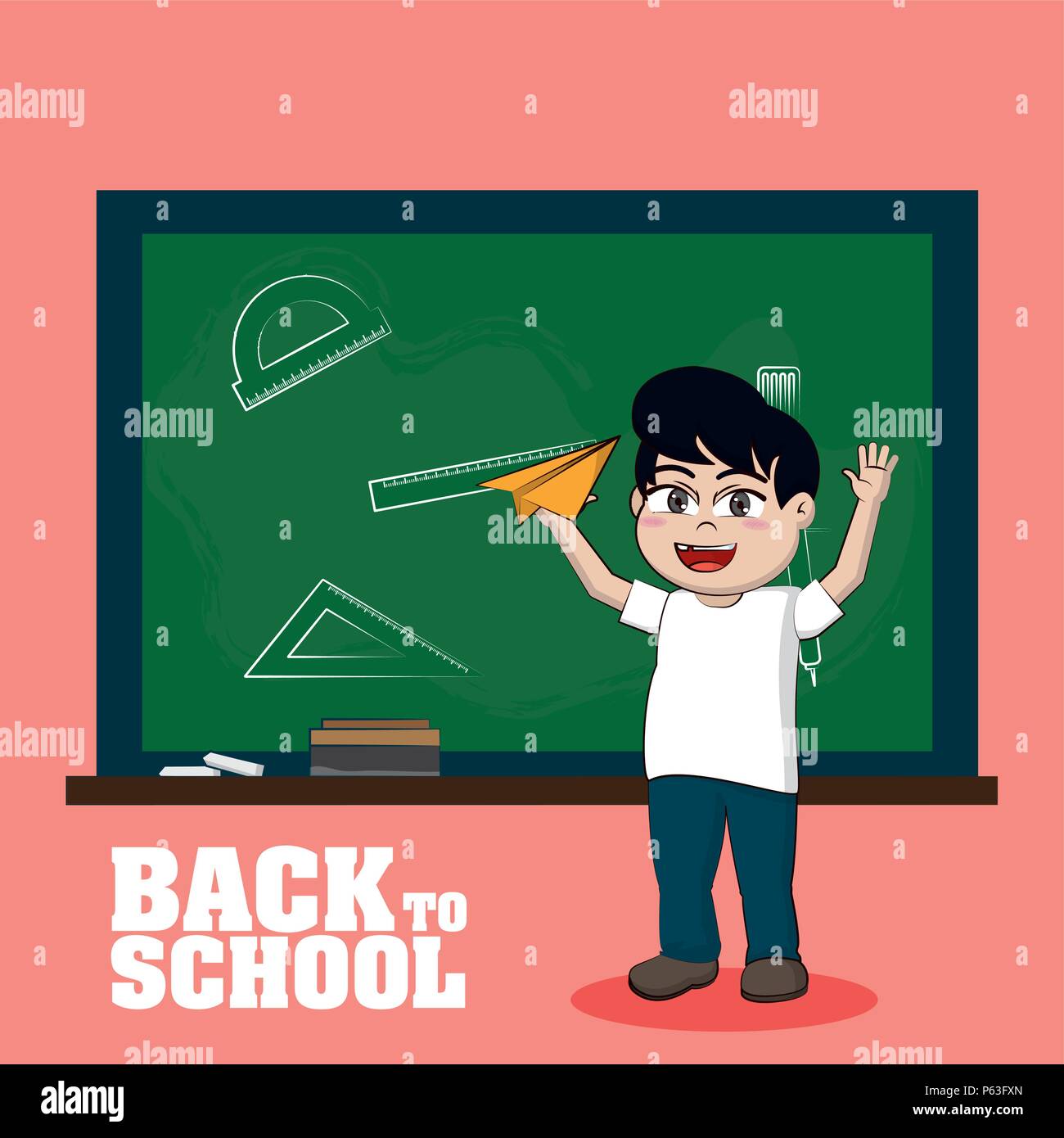 Cute school boy in front of blackboard vector illustration graphic ...
