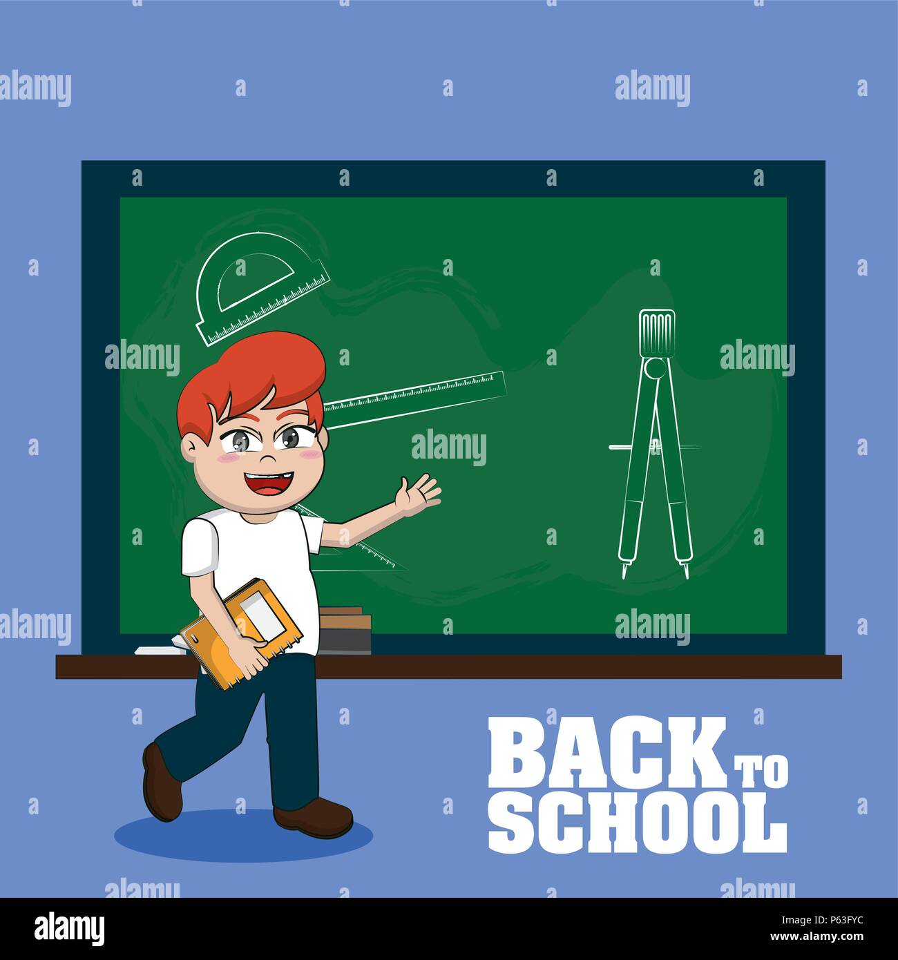 Cute school boy in front of blackboard vector illustration graphic ...