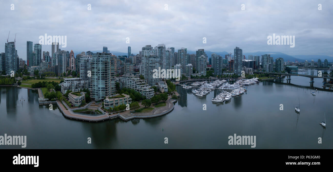 Aerial view of False Creek During a cloudy sunrise. Taken in Downtown ...