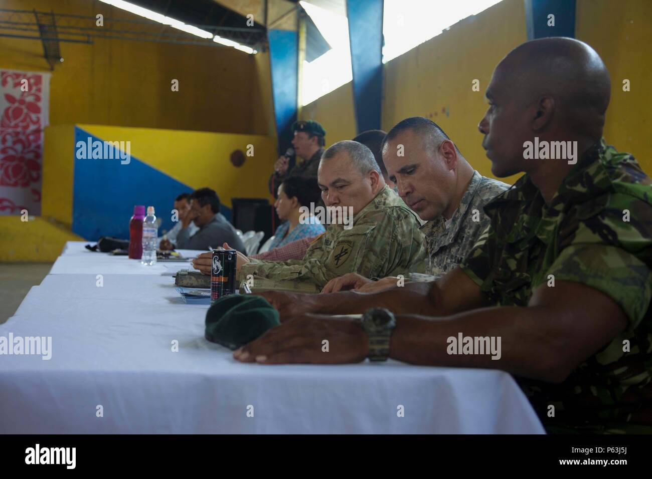 Joint Military Members, local Cocodes from the surrounding areas and Assistant Mayor Pablo Pocheco conduct a meeting to speak about the future Medical Readiness Exercise as part of the Beyond The Horizon Operation at San Pablo, Guatemala, April 29, 2016. Task Force Red Wolf and Army South conducts Humanitarian Civil Assistance Training to include tactical level construction projects and Medical Readiness Training Exercises providing medical access and building schools in Guatemala with the Guatemalan Government and non-government agencies from 05MAR16 to 18JUN16 in order to improve the mission Stock Photo