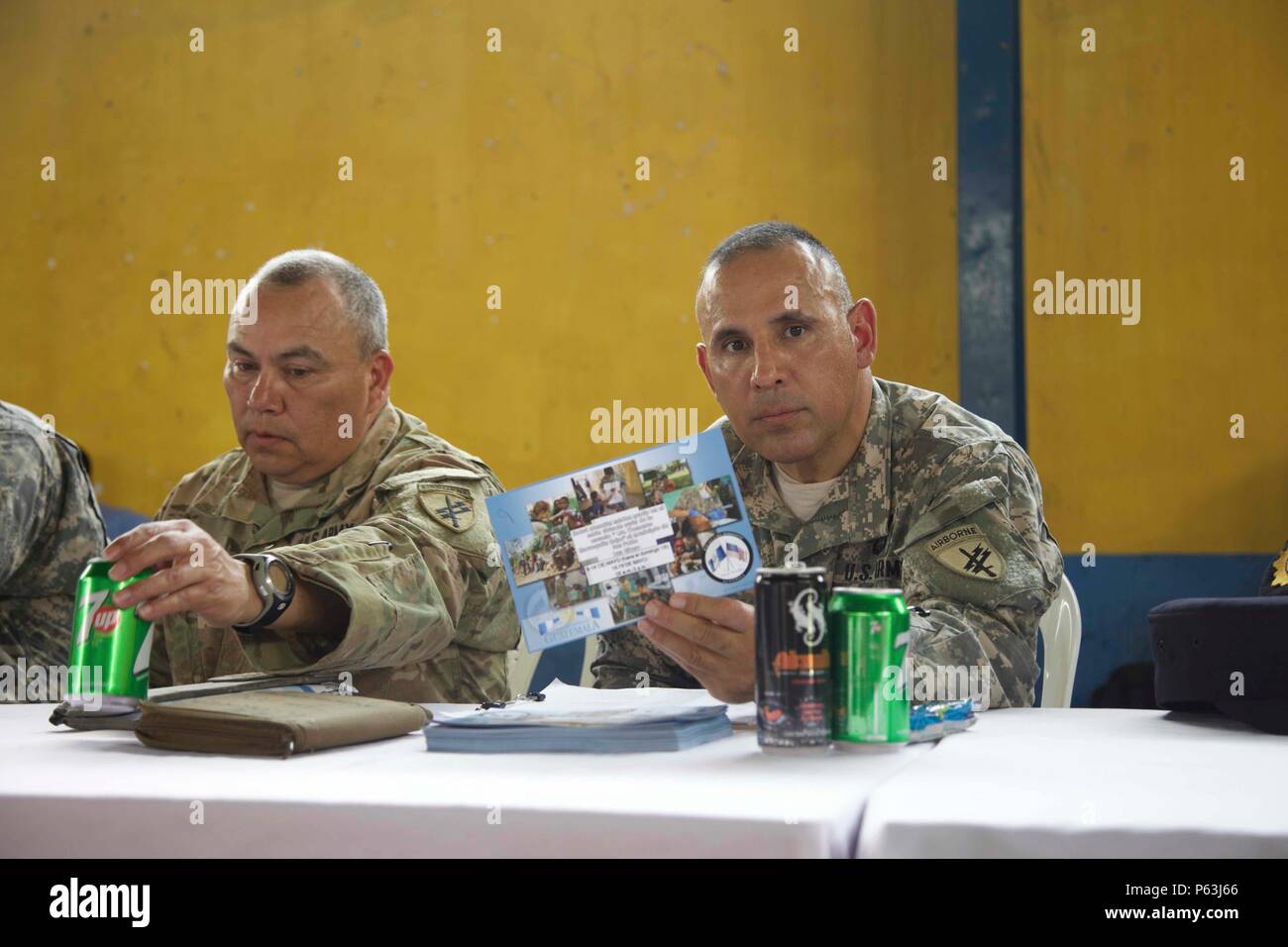 U.S. Army  Sgt. 1st Class Luis Villarreal from the 345th Psychological Operation Company attends a meeting to speak about the future Medical Readiness Exercise as part of the Beyond The Horizon Operation at San Pablo, Guatemala, April 29, 2016. Task Force Red Wolf and Army South conducts Humanitarian Civil Assistance Training to include tactical level construction projects and Medical Readiness Training Exercises providing medical access and building schools in Guatemala with the Guatemalan Government and non-government agencies from 05MAR16 to 18JUN16 in order to improve the mission readiness Stock Photo