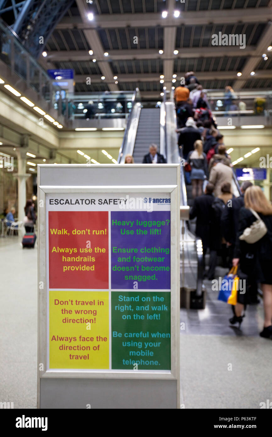 Escalator safety sign at St Pancras station, London, UK Stock Photo