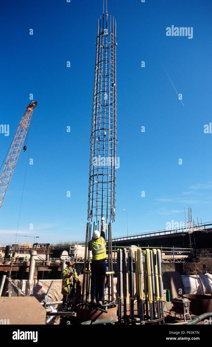 Lowering a reinforcement cage into a bored pile on a bridge foundation for a project in Teeside