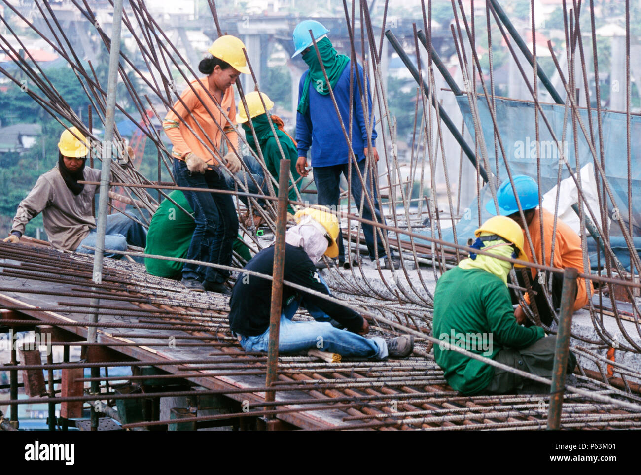 Fixing reinforcement for the deck concreting on the two cable stay bridges, Mega Bridge, Bangkok, Thailand Stock Photo