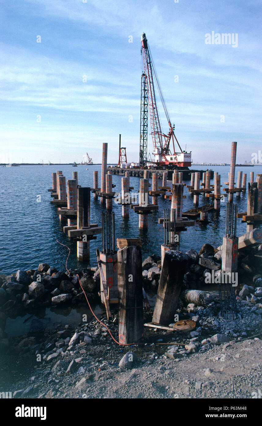 A forest of piles is driven as foundations for a new container wharf at Longbeach port, Los Angeles California Stock Photo